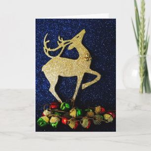 Cartão De Festividades Rena de ouro com placa de sinos de junção