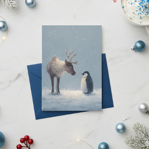 Cartão De Festividades Rena e Pinguim Férias de Natal