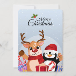 Cartão De Festividades Rena e Pinguim Fofo com Presentes de Natal