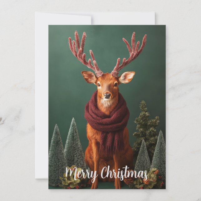 Cartão De Festividades Rena Festiva com Cachecol Vermelho Arte de Natal (Frente)