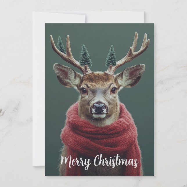 Cartão De Festividades Rena Festiva com Cachecol Vermelho Arte de Natal (Frente)