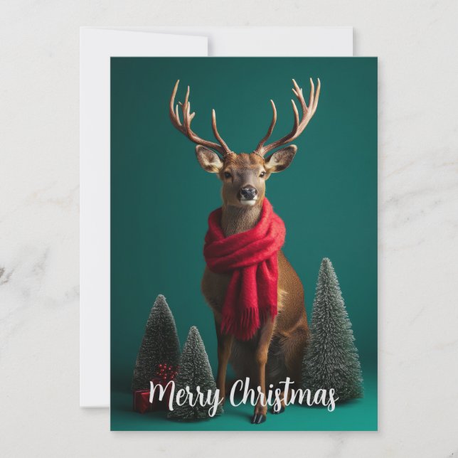 Cartão De Festividades Rena Festiva com Cachecol Vermelho Arte de Natal (Frente)