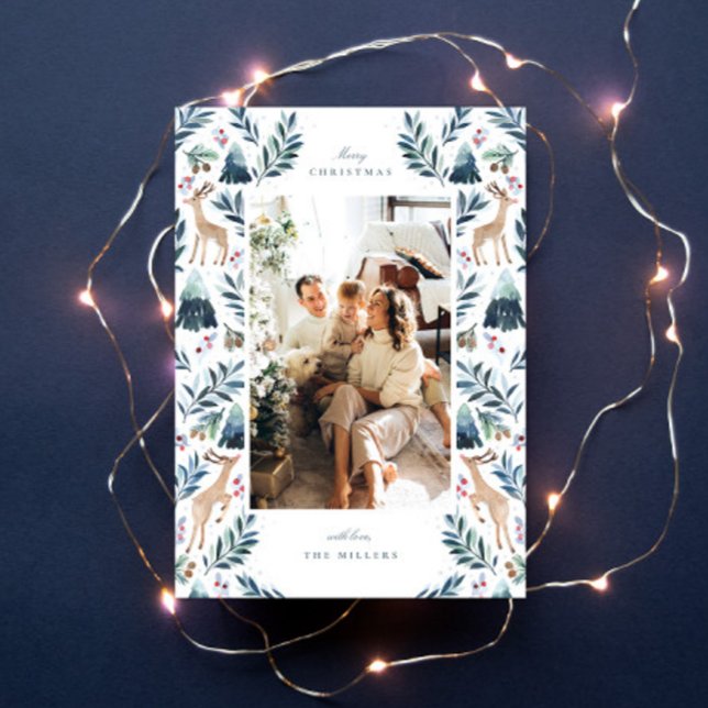 Cartão De Festividades Renas aquarela na foto da floresta (Criador carregado)