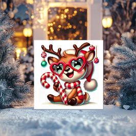 Cartão De Festividades Renas Doces com Cachecol Listrado e Bastão de Doce