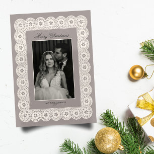 Cartão De Festividades Renda de Marfim Foto Natal Elegante Vintage Alegre