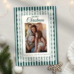 Cartão De Festividades Renda Vintage com Listra Verde Natal Uma Foto