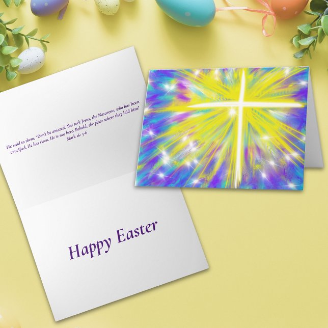 Cartão De Festividades Ressurreição da páscoa Cotação entre Bíblias (Happy easter abstract art resurrection cross religious folded holiday card Bible quote )