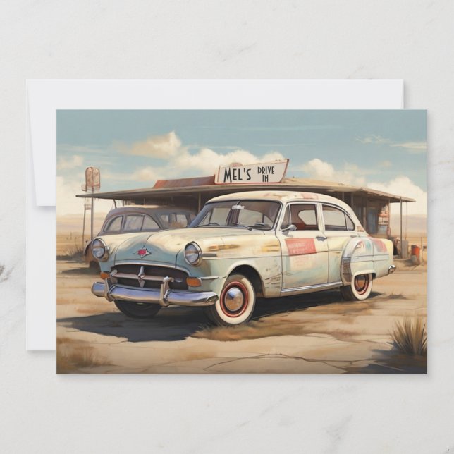 Cartão De Festividades Restaurante Drive In de Automóveis Antigos Abandon (Frente)