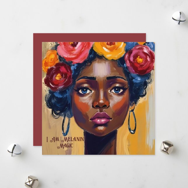 Cartão De Festividades Retrato da Mulher Afro Floral (Frente/Verso In Situ)