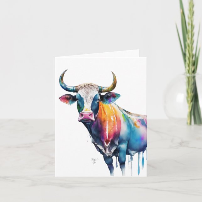 Cartão De Festividades Retrato da Vaca B em Aquarelas e Canetas (Frente)