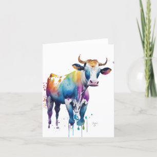 Cartão De Festividades Retrato da Vaca C em Aquarelas e Canetas