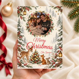Cartão De Festividades Retrato de Casal de Natal Florestal Alegre