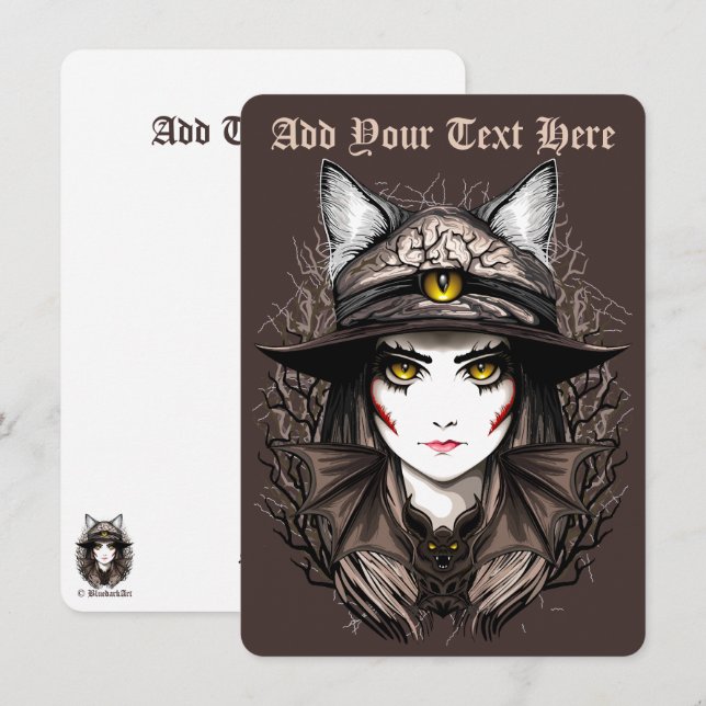 Cartão De Festividades Retrato de Halloween de Gato Bruxa Sinistro Fofo (Frente/Verso)