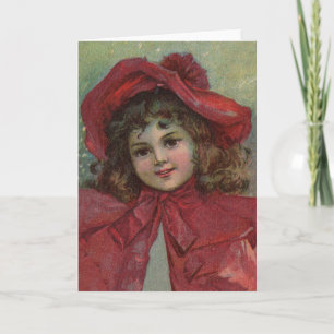 Cartão De Festividades Retrato de Menina com Chapéu Vermelho de Natal Vit