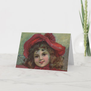 Cartão De Festividades Retrato de Menina com Chapéu Vermelho de Natal Vit