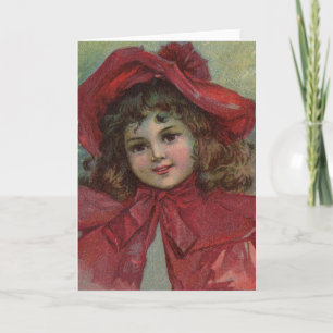 Cartão De Festividades Retrato de Menina com Chapéu Vermelho de Natal Vit