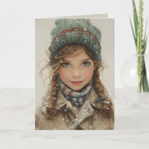 Cartão De Festividades Retrato Encantador de Inverno Menina Jovem