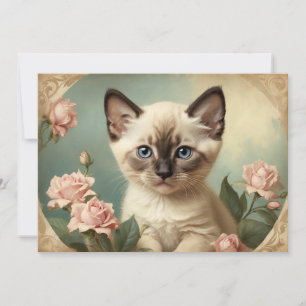 Cartão De Festividades Retrato Fofo de Gatinho Siamês Antigo Flores Doce