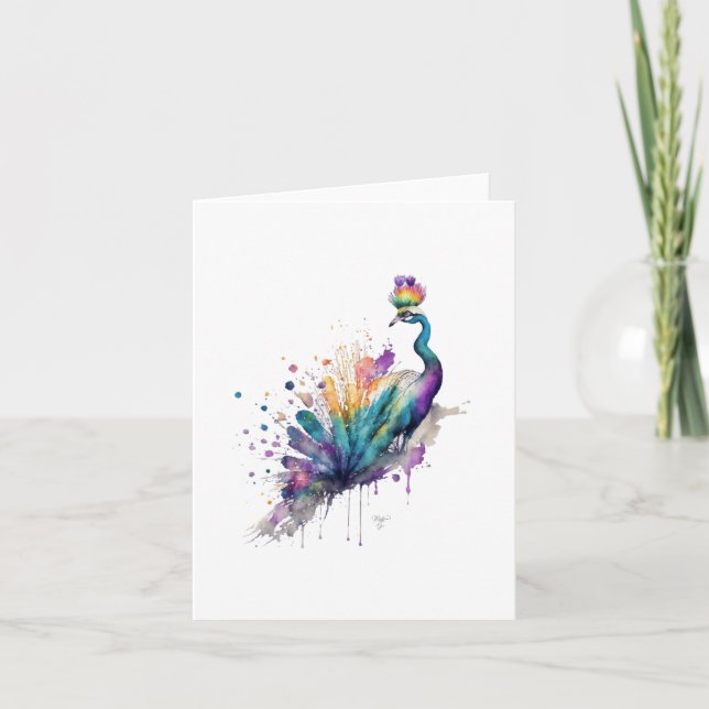 Cartão De Festividades Retrato Pássaro Peacock B em Aquarelas e Canetas (Frente)
