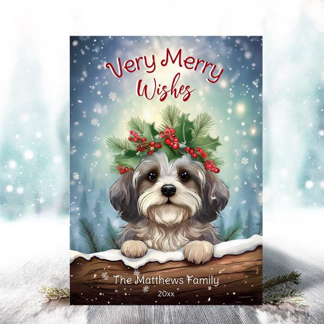 Cartão De Festividades Retrato Pet De Natal No Havanês Winter Wonderland (Adorable Winter Snowy Scene With Peeking Dogs or Farm/Woodland Animals - Over 50 to Choose From!)