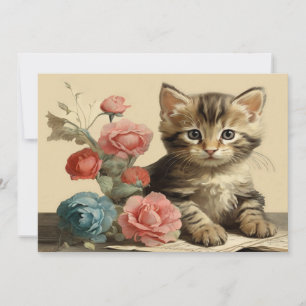Cartão De Festividades Retrato Vintage de Gatinho Fofo Flores de Cores Su