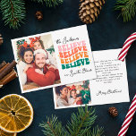 Cartão De Festividades Retro acreditamos na família de Natal do Papai Noe<br><div class="desc">Espalhe a alegria,  o amor,  e um borrão de alegria de férias e traga uma vibração alegre para o seu mais próximo e querido com este cartão de Natal retrô. Personalize-o com três das suas fotos familiares favoritas que capturam a magia da estação.</div>