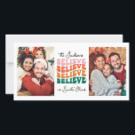 Cartão De Festividades Retro acreditamos na família de Natal do Papai Noe<br><div class="desc">Espalhe a alegria,  o amor,  e um borrão de alegria de férias e traga uma vibração alegre para o seu mais próximo e querido com este cartão de Natal retrô. Personalize-o com três das suas fotos familiares favoritas que capturam a magia da estação.</div>