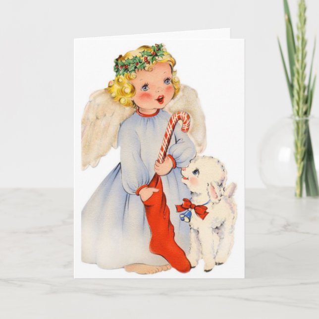 Cartão De Festividades Retro Angel and Little Lamb Christmas Card (Frente)