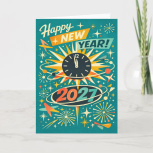 Cartão De Festividades Retro Atômico Meados do Século Feliz Ano Novo 2027