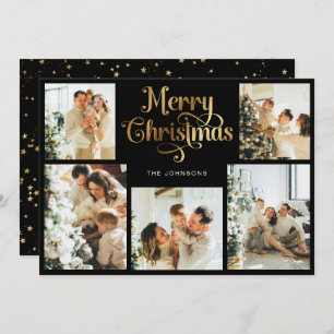 Cartão De Festividades Retro Black Faux Dourado Foto da Família Feliz Nat