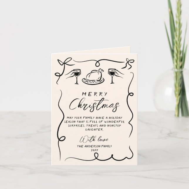 Cartão De Festividades Retro Black & White Hand Drawn Feliz Natal (Frente)