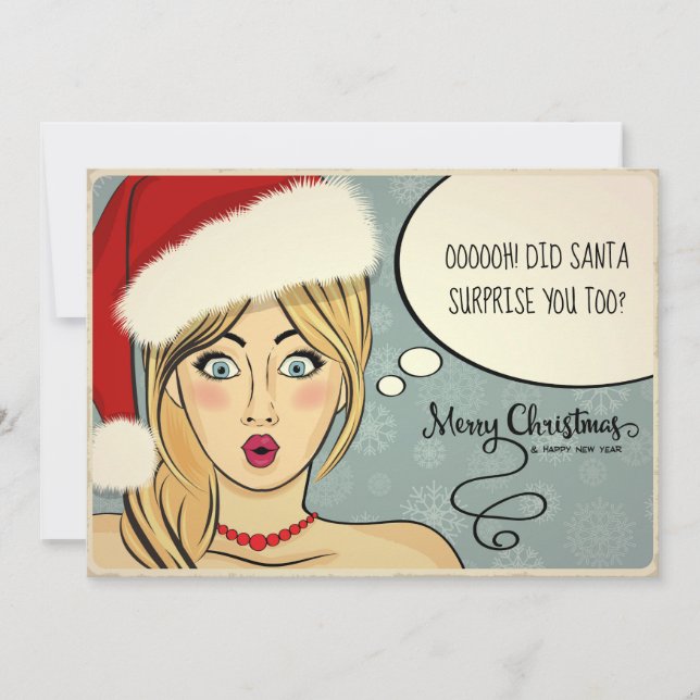 Cartão De Festividades Retro Blonde em Santa Hat Humor ID558 (Frente)
