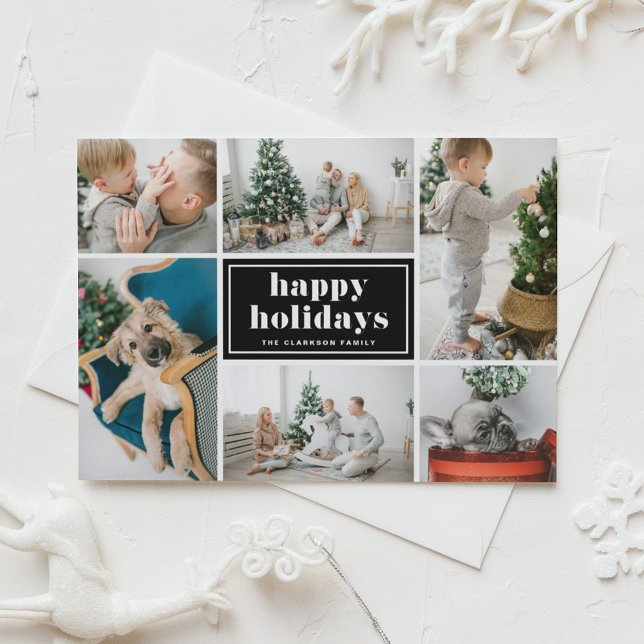 Cartão De Festividades Retro Bold Typography Black Photo Collage (Customizable photo collage happy holidays card featuring retro typography and a black background.)
