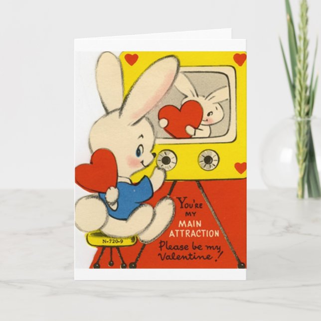 Cartão De Festividades Retro Bunny Watching TV Valentine's Day Card (Frente)