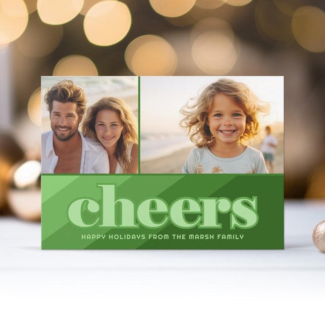 Cartão De Festividades Retro Cheers Line Art Green - 2 Foto - 70s Vibe (Retro Stripe Christmas Card with 2 Photos - Vibrant Olive Green Shades - Print and Download Option)