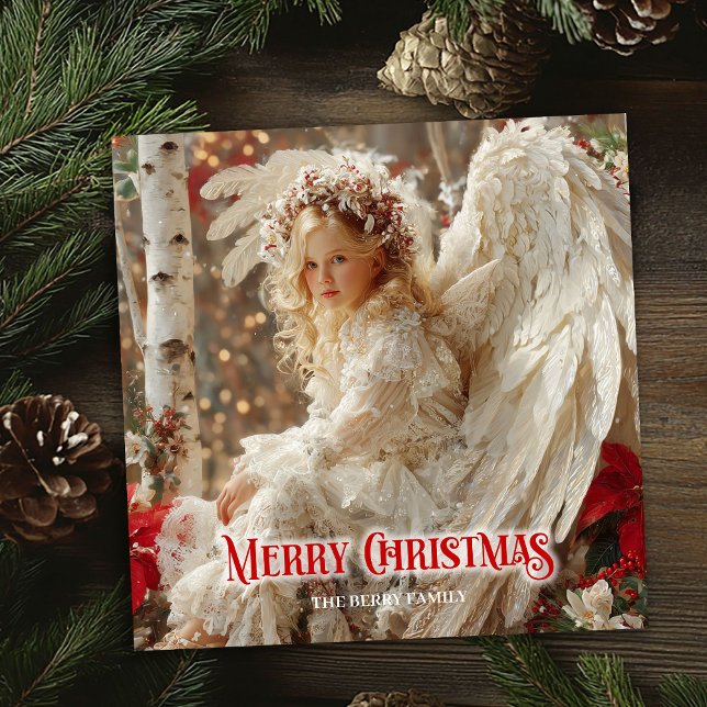 Cartão De Festividades Retro Christmas angel printable winter greeting (Retro Christmas angel printable winter greeting)