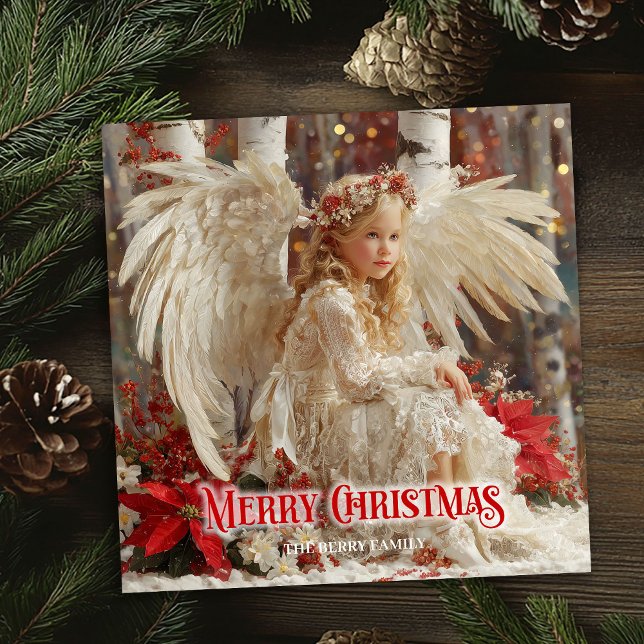 Cartão De Festividades Retro Christmas angel red and gold artistic card (Retro Christmas angel red and gold artistic greeting card

)