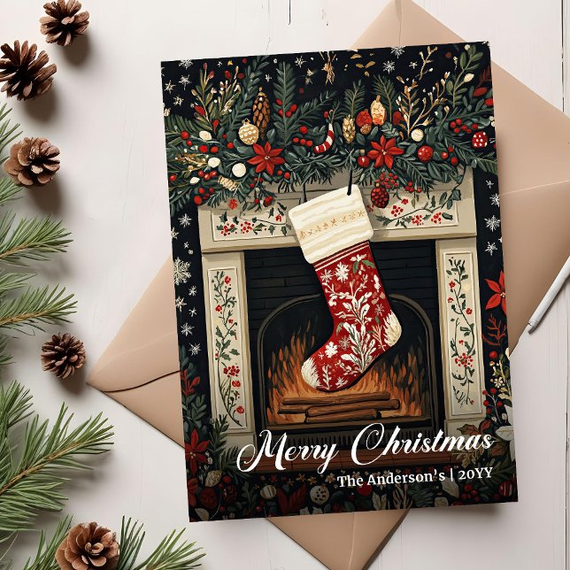 Cartão De Festividades Retro Christmas Stocking Editable Holiday Greeting (Retro Christmas Stocking Editable Holiday Greeting)