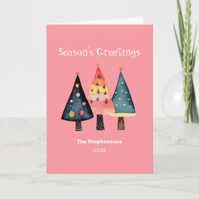 Cartão De Festividades Retro Christmas Trees Pink Folded Holiday Card (Frente)