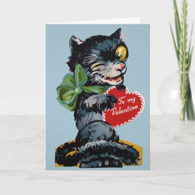 Cartão De Festividades Retro Creepy Cat Valentine's Day Card (Frente)
