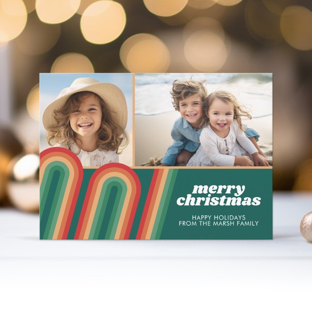 Cartão De Festividades Retro Curvy Line Art - 2 Foto - Feliz Natal (Retro Curvy Line Art - Christmas Card with 2 Photos)