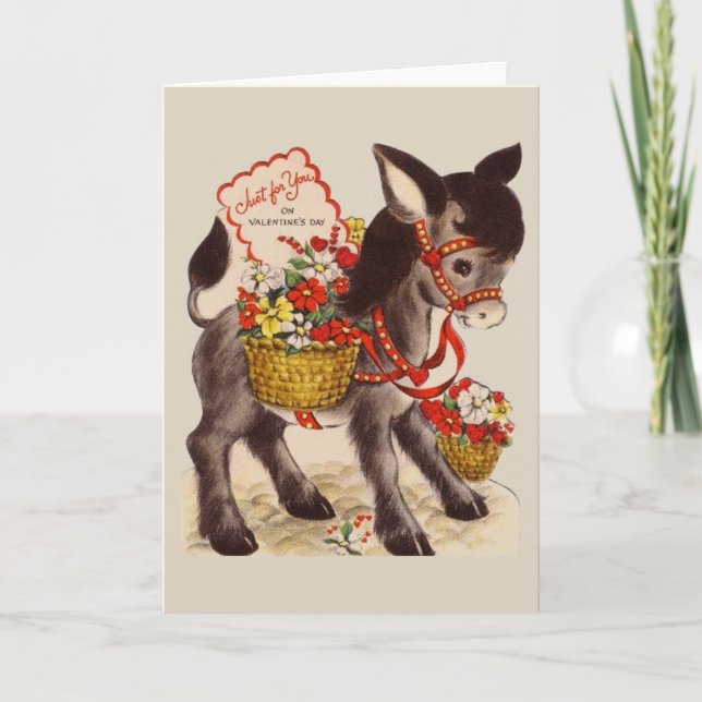 Cartão De Festividades Retro Donkey with Flowers Valentine Greeting Card (Frente)