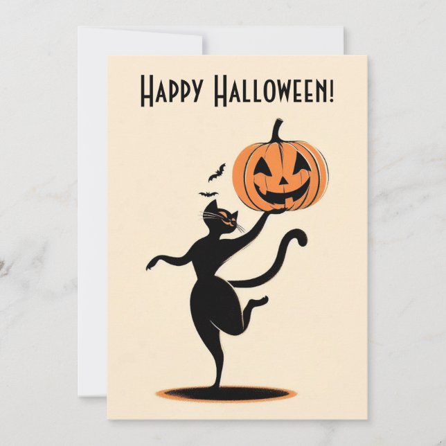 Cartão De Festividades Retro Feliz Halloween Gato Preto Dançante Abóbora (Frente)