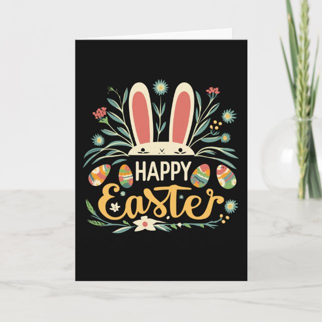 Cartão De Festividades Retro Floral Happy Easter Bunny Boho Spring (Frente)