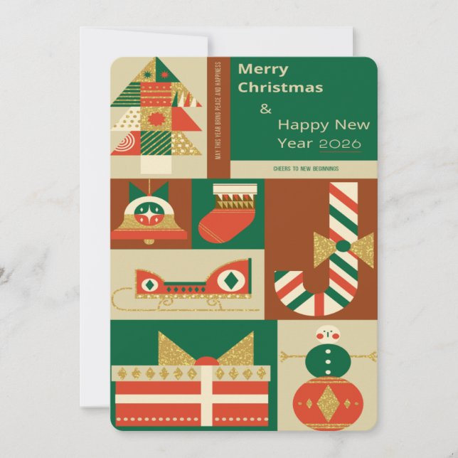 Cartão De Festividades Retro Geometric Christmas Greeting Card – Festive. (Frente)