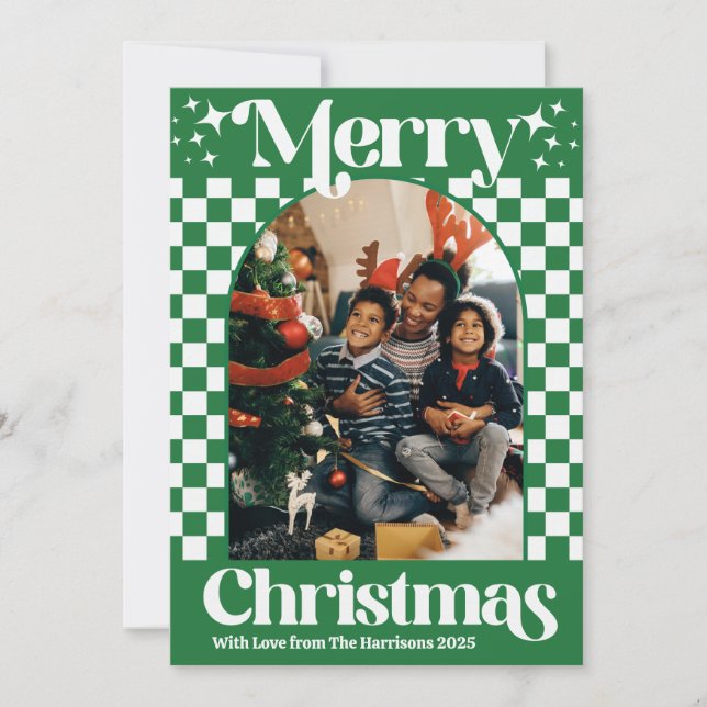 Cartão De Festividades Retro Green Checkerboard Christmas Flat Card (Frente)