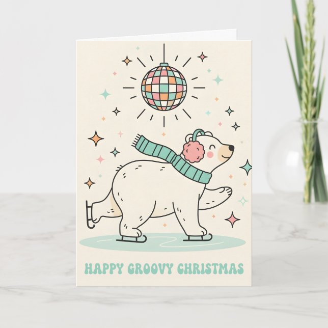 Cartão De Festividades Retro Groovy Polar Bear Merry Christmas (Frente)