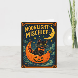 Cartão De Festividades Retro Halloween Gato Preto & Lua