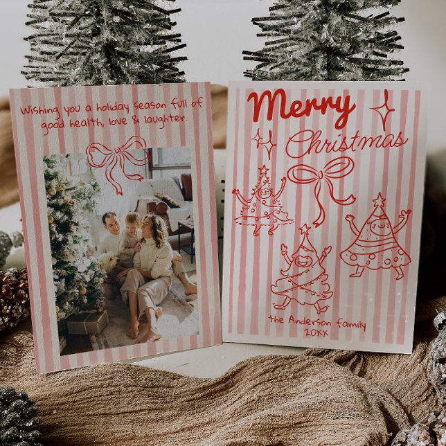 Cartão De Festividades Retro Hand Drawn Red Funny Christmas Trees Bow (Criador carregado)