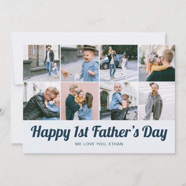 Cartão De Festividades Retro Happy 1st Father's Day 12 Photo Collage Blue (Frente)